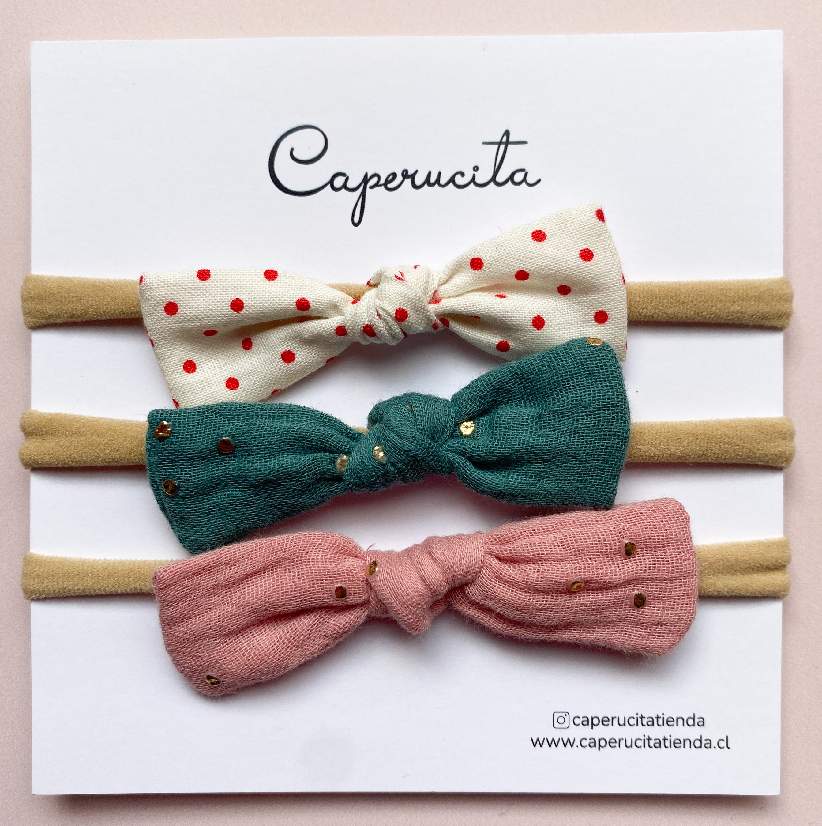 Set 2 cintillos elásticado nuditos - Puntitos rojo dorado