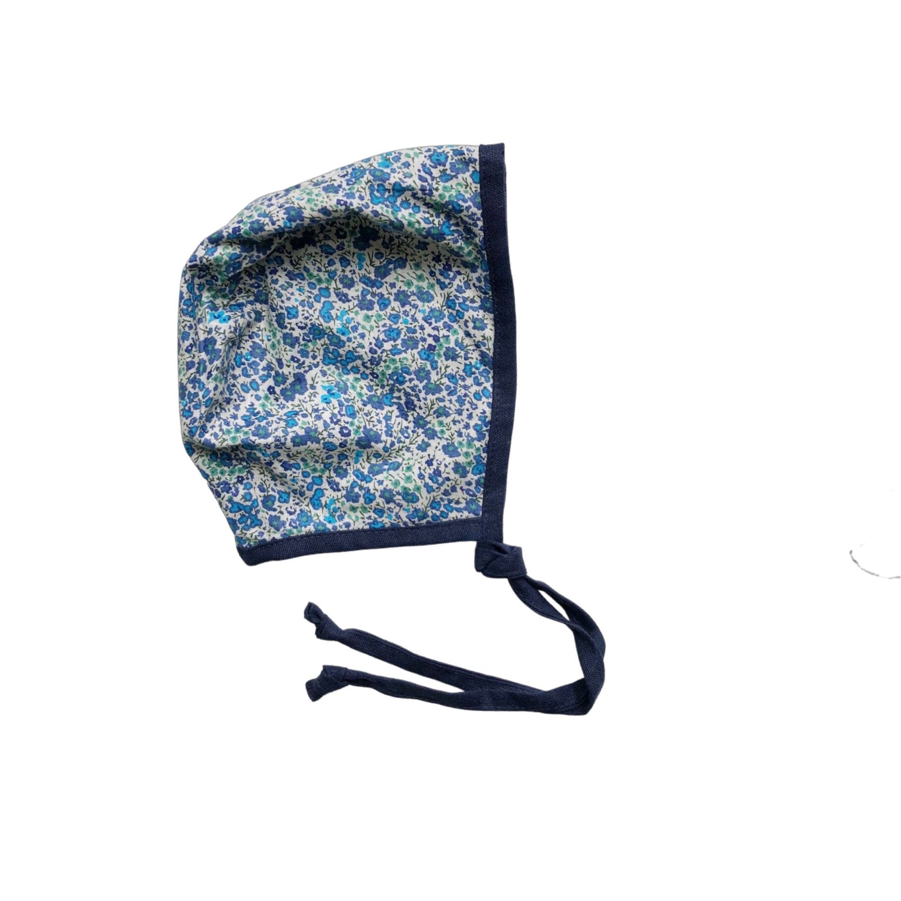 Capota algodón flores azules y verdes con borde lino azul marino - Talla 12-18 meses